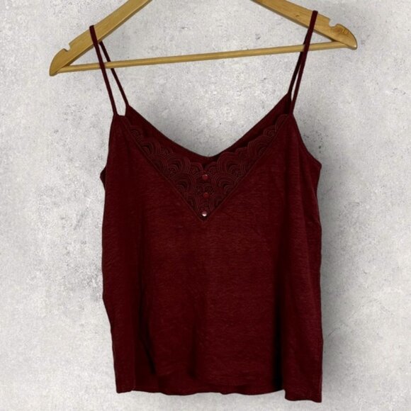Sezane 100% Linen Elise Tank Top Lace Button Back Size XS French V-Neck Basic - Picture 2 of 11